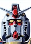  1980s_(style) commentary_request earth_federation gun gundam highres machine_gun mecha mecha_focus mobile_suit mobile_suit_gundam no_humans official_art ookawara_kunio painting_(medium) portrait promotional_art realistic retro_artstyle robot rx-78-2_gundam scan science_fiction traditional_media v-fin weapon white_background yellow_eyes 