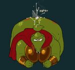 2026 4_fingers after_sex all_fours anthro big_butt bodily_fluids body_writing bracelet butt cape clothing crocodile crocodilian cum cum_fart digital_drawing_(artwork) digital_media_(artwork) donkey_kong_(series) english_description fangs fingers fist front_view genital_fluids gold_(metal) gold_bracelet gold_jewelry green_body green_scales jewelry king_k._rool male moon nintendo nipples overweight overweight_anthro overweight_male red_cape red_clothing reptile scales scalie simple_background skoozletaz solo tail tally_marks teary_eyes teeth tongue tongue_out writing_on_butt