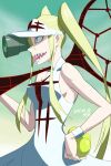  1girl absurdres ball bare_shoulders blonde_hair blue_eyes breasts commentary_request cowboy_shot dated dress green_background hair_between_eyes hakodate_omiko highres holding holding_tennis_ball holding_tennis_racket kill_la_kill korean_commentary long_hair long_sidelocks medium_breasts nanika_(ansdjf11) open_mouth profile racket sharp_teeth sideboob sidelocks sleeveless sleeveless_dress smile solo sportswear standing sweatband teeth tennis_ball tennis_dress tennis_racket tennis_uniform tongue tongue_out twintails very_long_hair visor_cap 