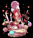  1boy 1girl absurdres black_background blush bow brown_cape brown_shoes candle candy cape chocolate chupa_chups collared_shirt cookie flat_chest food frilled_cape frilled_skirt frills full_body hair_bow highres holding holding_candy holding_food holding_lollipop large_bow lollipop long_hair long_sleeves macaron melty_(merc_storia) merc_storia merc_storia_art_team official_art one_eye_closed open_mouth pink_eyes pink_hair pocky purple_skirt raised_inner_eyebrows shirt shoes sidelocks simple_background sitting skirt solo swirl_lollipop tachi-e tearing_up tears thighhighs wariza white_bow white_shirt white_thighhighs yellow_bow 