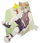 2024 anthro asenjian bandage bandage_on_face bandage_on_nose beverage_can black_clothing black_footwear black_shoes brown_body brown_clothing brown_fur brown_hoodie brown_topwear canid canine canis clothing domestic_dog english_text footwear fur green_eyes hi_res hoodie male mammal slim_anthro slim_male solo text topwear white_body white_fur