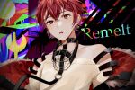  1boy aho_no_sakata coat fang fur_trim hair_ornament hairclip highres male_focus mebuki_(moon_angel_4) multiple_boys niconico o-ring off_shoulder open_mouth red_eyes red_hair solo song_name upper_body urashimasakatasen utaite_(singer) 