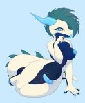 2020 anthro areola balls big_breasts blue_areola blue_background blue_body blue_claws blue_eyes blue_horn blue_insides blue_nipples blue_penis blue_tongue breasts claws colored digital_drawing_(artwork) digital_media_(artwork) dragon erection eyelashes genitals green_hair gynomorph hair hi_res horn humanoid_genitalia humanoid_penis intersex looking_at_viewer mythological_creature mythological_scalie mythology nipples nude penis scalie shaded shiones simple_background solo spikes spikes_(anatomy) tail tongue tongue_out unusual_insides yellow_body