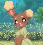 2026 anthro biped brown_body brown_eyes brown_fur buneary clothed clothing day dress eyelashes female flower fur generation_4_pokemon grass green_clothing green_dress happy hi_res looking_at_viewer nintendo open_mouth open_smile outside paws piyolondres plant pokemon pokemon_(species) pupils scut_tail short_tail shrub smile solo tail teeth tongue tree white_pupils