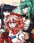  3girls absurdres arknights ashy_(dankestsin) bandages black_hair breasts chest_sarashi cleavage commentary english_commentary flower_pot gloves green_hair grey_eyes hair_intakes haruka_(arknights) highres holding holding_flower_pot horns hoshiguma_(arknights) hoshiguma_the_breacher_(arknights) jacket looking_at_another mio_(arknights) multiple_girls pink_hair pointy_ears red_gloves sarashi shaded_face single_horn smile upper_body white_jacket 