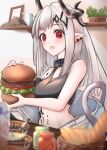  1girl arknights bangs bare_arms bare_shoulders black_choker blush breasts burger choker commentary_request crop_top eyebrows_visible_through_hair food holding holding_food horns infection_monitor_(arknights) long_hair looking_at_viewer medium_breasts midriff mudrock_(arknights) open_mouth oripathy_lesion_(arknights) pointy_ears red_eyes silver_hair solo sports_bra upper_body yokaze_(yokajie) 