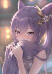  1girl bare_shoulders blurry blush braid covering_mouth depth_of_field dust dust_particles eyebrows_visible_through_hair eyelashes genshin_impact hair_cones hair_ornament hair_over_mouth highres holding holding_hair keqing_(genshin_impact) light_purple_hair long_hair looking_at_viewer marinesnow nose_blush pink_eyes solo twintails upper_body 