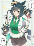  1girl :> blunt_bangs breasts chibi closed_eyes closed_mouth collarbone commentary_request gloves green_eyes green_hair hat highres kiseki_(miracle_author)_(umamusume) kiseki_(umamusume) large_breasts looking_at_viewer medium_hair meni_shuki_rush-sshu! mtks119529_(user_ykuf3382) shorts smile solo stylus tablet_pc tracen_training_uniform translation_request umamusume white_background 