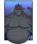  2021 absurd_res black_body black_sclera c_andreartz digital_media_(artwork) godzilla godzilla_(series) grin hi_res kaiju looking_at_viewer male musclegut scalie sharp_teeth simple_background smile solo spikes spikes_(anatomy) teeth toho 