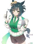  1girl :> blunt_bangs breasts closed_eyes closed_mouth collarbone commentary_request gloves green_eyes green_hair hat highres kiseki_(miracle_author)_(umamusume) kiseki_(umamusume) large_breasts looking_at_viewer medium_hair mtks119529_(user_ykuf3382) shorts simple_background smile solo stylus tablet_pc umamusume white_background 