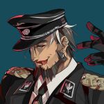  1boy black_coat black_gloves black_hair black_necktie blue_background coat colored_tips commentary dress_shirt ear_piercing earrings epaulettes facial_hair facing_to_the_side gloves goatee green_necktie grey_hair gurast half-closed_eye hand_up hat jewelry licking_lips looking_to_the_side male_focus mature_male medium_sideburns military_hat military_uniform multicolored_hair mutton_chops necktie old old_man original piercing red_eyes shirt sideburns spiked_hair stud_earrings teasing thick_eyebrows tongue tongue_out upper_body waffen-ss white_shirt white_trim 