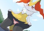  3_fingers anthro biped black_body black_fur blush bottomwear braixen camel_toe cheek_tuft chest_tuft clothed clothing clothing_lift dipstick_tail dutch_angle facial_tuft feet female feral fingers frilly_panties fur fur_tuft hi_res inner_ear_fluff iris kneeling koorinezumi lens_flare looking_at_viewer looking_down low-angle_view multicolored_tail nintendo outside panties panties_only paws pink_clothing pink_panties pink_underwear pok&eacute;mon pok&eacute;mon_(species) presenting pupils red_body red_eyes red_fur red_nose skirt skirt_lift sky solo toes topless tuft underwear underwear_only upskirt video_games white_body white_fur white_pupils yellow_body yellow_fur 