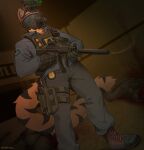 2026 amarihel anthro biped blood bodily_fluids bottomwear clothed clothed_anthro clothed_male clothing death digital_drawing_(artwork) digital_media_(artwork) felid feline front_view fully_clothed fully_clothed_anthro fully_clothed_male fur gun hi_res inside male mammal mask ranged_weapon solo standing stripes tail topwear weapon