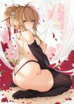  1girl areolae ass azur_lane back bangs bare_shoulders black_legwear black_panties blonde_hair blue_eyes breasts closed_mouth commentary_request detached_sleeves eyebrows_visible_through_hair flower from_behind glorious_(azur_lane) glorious_(pungent_plum)_(azur_lane) hair_ornament highleg highleg_panties highres kanzashi large_breasts looking_at_viewer narrowed_eyes nipples no_shoes panties petals rose rose_petals sidelocks soles solo thighhighs thong topless underwear youxuemingdie 