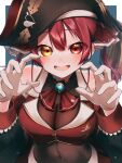  1girl blush border claw_pose commentary_request covered_navel detached_sleeves eyelashes hat heterochromia highres hololive houshou_marine open_mouth pirate_hat red_hair red_ribbon red_shirt ribbon see-through_cleavage see-through_clothes see-through_midriff shirt violet_(mesy4285) virtual_youtuber white_border 