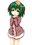  1girl animal_ears bangs brown_dress commentary_request cowboy_shot disembodied_limb dog_ears dress green_hair headpat kasodani_kyouko long_sleeves looking_at_viewer nyt_(nagane) open_mouth own_hands_together short_hair simple_background skirt standing touhou white_background white_skirt 