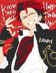  1boy black_gloves black_hair chain character_name clenched_teeth collared_shirt commentary_request dated ear_piercing earrings ensemble_stars! fingerless_gloves fingernails gakuran gloves green_eyes hand_up happy_birthday ian_(iannu51) jewelry kiryu_kuro layered_clothes looking_at_viewer male_focus mismatched_earrings multicolored_hair official_alternate_costume open_clothes open_shirt piercing red_background red_hair safety_pin school_uniform shirt short_hair sleeves_rolled_up smile solo streaked_hair stud_earrings teeth twitter_username two-tone_hair upper_body white_shirt 