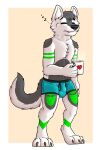  &lt;3 2020 2:3 anthro balls_outline beverage biped black_eyebrows black_nose blue_clothing blue_underwear boxers_(clothing) bulge canid cheek_tuft chest_tuft claws clothed clothing coffee cup cute_fangs eyebrows eyes_closed facial_tuft fur gaokun genital_outline green_body green_fur grey_body grey_fur grey_hair hair hi_res inner_ear_fluff male mammal neck_tuft partially_clothed sheath_outline simple_background sleeping solo sound_effects steam tan_background tired toe_claws tuft underwear white_body white_fur white_inner_ear zzz 