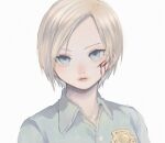  1girl 2021 blonde_hair blood blood_on_face blue_eyes blue_shirt collair_(cono) commentary_request cybil_bennett forehead konami partial_commentary police police_badge police_uniform portrait shirt silent_hill_(movie) silent_hill_(series) silent_hill_1 simple_background white_background 