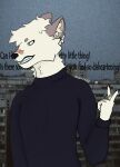 anthro background_text band-aid bandage canid canine canis cigarette clothed clothing domestic_dog hi_res killercanid male mammal photo_background photography_(artwork) simon_(killercanid) solo spitz sweater teeth text topwear yakutian_laika