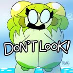 1:1 2026 amanda_(unfortu-nate) anthro big_breasts black_sclera breasts dialogue digital_media_(artwork) dolliv elemental_creature embarrassed english_text female flora_fauna generation_9_pokemon green_body green_hair green_nipples hair hi_res huge_breasts looking_at_viewer nintendo nipples nude nude_anthro nude_female open_mouth outside plant pokemon pokemon_(species) solo text unfortu-nate water white_eyes