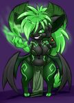  anthro big_breasts black_body bottomwear breasts clothing demon female front_view fur furball_(artist) green_body green_eyes green_fur green_hair green_markings hair hooves horn league_of_legends loincloth magic markings ponytail purple_background riot_games short_stack simple_background solo standing tail_tuft tuft video_games wide_hips wings wyla_(furball) yordle 