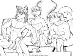  2012 anthro balls black_and_white blush bottle buckteeth canid canine english_text eyebrow_through_hair eyebrows fluffy fluffy_tail food foreskin fox furniture genitals hair inner_ear_fluff long_hair male male/male mammal max_blackrabbit monochrome navel nude open_mouth penis penis_grab popcorn rodent sciurid signature simple_background sitting sofa teeth text traditional_media_(artwork) translucent translucent_hair trio tuft uncut white_background 