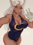  1girl animal_ears artist_name artlesott blue_swimsuit boku_no_hero_academia breasts bunny_ears cleavage collarbone commentary covered_navel dark_skin dark_skinned_female english_commentary gloves gradient gradient_background grey_background hair_between_eyes highres large_breasts long_hair looking_at_viewer mirko one-piece_swimsuit red_eyes selfie signature solo swimsuit thighs w white_gloves white_hair 