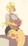  2018 anthro blonde_hair blue_eyes book bottomwear bow breasts clothing eye_patch eyewear fan_character female fur giraffe giraffid hair hi_res hirurux holding_object horn looking_down mammal portrait reading shirt signature simple_background sitting skirt smile solo spots tail_tuft three-quarter_portrait topwear tuft vest yellow_body yellow_fur 