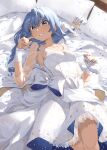  1girl bangs bed_sheet blue_eyes blue_hair blue_nails blush bow braid breasts cleavage collarbone comb combing commentary_request disembodied_limb dress eyebrows_visible_through_hair feet_out_of_frame gloves holding_hands hololive hoshimachi_suisei jewelry long_hair long_sleeves looking_at_viewer lying nail_polish necklace on_back on_bed parted_lips petals pillow see-through single_braid small_breasts smile star_(symbol) tsukino_(nakajimaseiki) virtual_youtuber wedding_dress white_bow white_dress white_gloves 