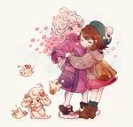  1boy 1girl :t ahoge alcremie alcremie_(love_sweet) backpack bag bangs bede_(pokemon) blush boots brown_bag brown_footwear brown_hair cable_knit cardigan closed_mouth coat commentary_request curly_hair eyelashes gen_8_pokemon gloria_(pokemon) green_headwear green_legwear grey_cardigan hat heart hooded_cardigan hug leggings long_sleeves milcery pokemon pokemon_(creature) pokemon_(game) pokemon_swsh purple_coat shoes short_hair smile socks standing tam_o&#039;_shanter zzzpani 