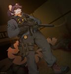 2026 amarihel anthro biped blood bodily_fluids bottomwear clothed clothed_anthro clothed_male clothing death digital_drawing_(artwork) digital_media_(artwork) felid feline front_view fully_clothed fully_clothed_anthro fully_clothed_male fur gun hair hi_res inside male mammal ranged_weapon solo standing stripes tail topwear weapon