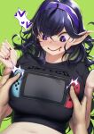  1boy 1girl bangs black_nails black_shirt blueorca blush breasts drooling english_text eyebrows_visible_through_hair green_background hairband hands_up hex_maniac_(pokemon) highres large_breasts long_hair looking_at_viewer navel nintendo_switch open_mouth pointy_ears pokemon purple_eyes purple_hair purple_hairband shirt short_sleeves smile solo_focus stomach sweat upper_body 