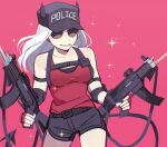  1girl bangs bare_shoulders black_shorts breasts cigarette collarbone commentary_request cowboy_shot demon_girl demon_tail fingerless_gloves gadblo_(hateful) gloves grey_hair gun hat helltaker highres holding horns justice_(helltaker) large_breasts long_hair official_alternate_costume pink_background police police_hat police_uniform policewoman red_gloves red_shirt shirt short_shorts shorts simple_background solo sparkle sparkle_background sunglasses tail uniform weapon 