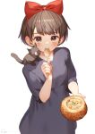  1girl animal_on_shoulder bangs blush brown_eyes brown_hair cat cat_on_shoulder dress eating eyebrows_visible_through_hair fruit_cup head_rub headband highres holding holding_spoon jiji_(majo_no_takkyuubin) kiki looking_at_viewer majo_no_takkyuubin purple_dress red_ribbon ribbon ryota_(ry_o_ta) short_hair signature solo spoon standing utensil_in_mouth white_background wooden_spoon 