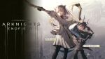  2girls absurdres animal_ears arknights arknights:_endfield artist_name belt bird_ears bird_girl black_gloves black_hair black_pantyhose blue_eyes blue_horns blue_tail character_name chen_qianyu_(arknights) closed_mouth commentary copyright_name death_stranding dragon_girl dragon_horns dragon_tail dress dual_wielding english_commentary feet_out_of_frame gloves high_belt highres holding holding_sword holding_weapon horns jacket long_hair long_sleeves looking_at_viewer looking_to_the_side multicolored_horns multicolored_tail multiple_girls open_clothes open_jacket pantyhose parody parted_lips perlica_(arknights) pink_horns red_tail signature sleeveless sleeveless_dress standing sword tail title_parody varhan_zuhair weapon white_dress white_jacket 