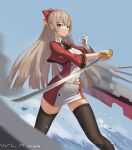  1girl 2054500624 absurdres ascot azur_lane bangs belt black_legwear blue_background blurry bow buttons commentary_request depth_of_field eyebrows_visible_through_hair fighting_stance gloves hair_between_eyes hair_bow hair_ribbon highres holding holding_sword holding_weapon long_hair looking_at_viewer machinery ponytail red_eyes ribbon sidelocks signature silver_hair simple_background solo swiftsure_(azur_lane) sword thighhighs turret water_drop weapon white_gloves zettai_ryouiki 