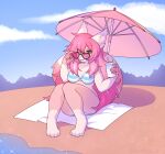 2021 anthro beach beach_blanket beach_umbrella colored digital_drawing_(artwork) digital_media_(artwork) domestic_cat eyewear felid feline felis female fur green_eyes hair heart_sunglasses holding_object long_hair looking_at_viewer mammal outside parasol pink_body pink_eyewear pink_fur pink_hair pink_nose pink_sunglasses shaded shiones sitting sky smile smiling_at_viewer solo striped_bikini_top sunglasses