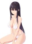  1girl absurdres bangs bare_arms bare_shoulders bikini black_hair breasts brown_eyes cleavage closed_mouth collarbone eyebrows_visible_through_hair highres invisible_chair large_breasts long_hair looking_at_viewer marui_koishi original sidelocks simple_background sitting smile solo straight_hair swimsuit very_long_hair white_background white_bikini 