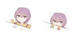  1girl bernadetta_von_varley bongo_cat chirun0 eyebrows eyebrows_visible_through_hair fire_emblem fire_emblem:_three_houses flying_sweatdrops gloves grey_eyes like_and_retweet meme multiple_views nervous purple_hair short_hair simple_background smile twitter white_background yellow_gloves 