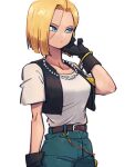  1girl android_18 belt black_gloves blonde_hair blue_eyes blue_pants bracelet brown_belt commentary_request dragon_ball dragon_ball_z gloves jewelry kemachiku looking_away necklace pants shirt short_hair short_sleeves simple_background solo white_background white_shirt 