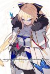  1girl absurdres aesc_(fate) aesc_(savior)_(fate) ahoge armor armored_dress black_gloves blonde_hair blue_eyes blue_hair bow breastplate breasts brown_pantyhose bug butterfly character_name cloak commentary dress fate/grand_order fate_(series) fur-trimmed_cloak fur_trim gloves hair_bow highres long_hair long_sleeves medium_breasts multicolored_hair pantyhose ponytail ragnal smile solo two-tone_hair very_long_hair white_cloak white_dress wide_sleeves 