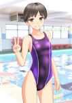  1girl absurdres black_hair breasts brown_eyes chair clothes_writing competition_swimsuit cowboy_shot grin highres indoors looking_at_viewer lounge_chair one-piece_swimsuit original pool purple_swimsuit short_hair small_breasts smile solo swimsuit takafumi tomboy v water window 