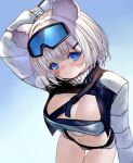  1girl animal_ears arknights arknights:_endfield aurora_(arknights) bandeau bear_ears bear_girl blue_bandeau blue_eyes blue_sports_bra breasts cleavage commentary_request extra_ears gloves goggles goggles_on_head gradient_background highres jacket kochiya_(gothope) leaning_forward looking_at_viewer medium_breasts navel open_clothes open_jacket short_hair shorts ski_goggles snowshine_(arknights) solo sports_bra white_hair 