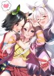  3girls :d animal_ears arm_up bangs biwa_hayahide_(umamusume) black_hair black_shirt blue_shorts blush brown_hair closed_eyes clothes_around_waist collarbone commentary_request eyebrows_visible_through_hair fur-trimmed_jacket fur_trim glasses hair_between_eyes heart highres horse_ears horse_girl horse_tail horseshoe hug jacket jacket_around_waist juliet_sleeves long_hair long_sleeves looking_at_another looking_at_viewer midriff mikazuki_mika multiple_girls narita_taishin_(umamusume) navel open_mouth pink_jacket puffy_sleeves purple_eyes red_eyes semi-rimless_eyewear shirt short_hair short_shorts shorts side-tie_shirt smile spoken_heart stomach sweatdrop tail tied_shirt umamusume very_long_hair white_background white_hair winning_ticket_(umamusume) yellow_shirt 