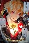  1boy ace_trappola arm_behind_head card character_name checkered eyeshadow flower framed hair_between_eyes highres lapel makeup male_focus orange_hair parted_lips playing_card portrait red_eyes rose shoco_(sco_labo) solo sparkle twisted_wonderland vest waistcoat 