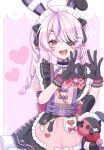  1girl :d ahoge animal_ears apron black_bow black_gloves border bow choker cowboy_shot dress drill_hair eyepatch fake_animal_ears four-finger_heart_hands frilled_choker frilled_dress frilled_gloves frills gloves hair_bow hashtag-only_commentary heart heart_hands highres irregular_border long_hair looking_at_viewer maid maid_apron maid_headdress maria_marionette maria_marionette_(maid) multicolored_hair nijisanji nijisanji_en open_mouth outside_border pink_apron pink_background pink_eyes pink_hair purple_streaks rabbit_ears sakamoto_momono sidelocks sir_ventrilo_(maria_marionette) smile solo streaked_hair stuffed_animal stuffed_toy teddy_bear teeth twin_drills upper_teeth_only virtual_youtuber white_border 