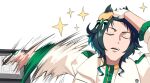  1girl absurdres adjusting_hair animal_ears beret closed_eyes commentary ears_through_headwear fukuro_(maruaru00) gloves green_hair green_vest hair_slicked_back hat highres horse_ears horse_girl jacket kiseki_(miracle_author)_(umamusume) kiseki_(umamusume) meme motion_blur naoya_hitting_choso_without_looking_(meme) parody scene_reference simple_background solo umamusume vest white_background white_gloves white_jacket yellow_hat 