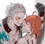  0nodera 1boy 1girl ahoge black_gloves blush closed_eyes collarbone commentary_request fate/grand_order fate_(series) food fujimaru_ritsuka_(female) gloves grey_hair hawaiian_shirt hetero jewelry nagakura_shinpachi_(fate) necklace notched_ear orange_hair pocky scar scar_on_arm scar_on_face shared_food shirt short_hair 