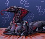 2022 5_fingers anthro apode arm_markings arms_crossed_under_breasts bare_breasts bedding big_breasts black_sclera blanket blue_background blue_light breasts chest_markings claws crossed_arms dated digital_media_(artwork) draconcopode exoskeleton fangs female female_anthro fingers forked_tongue gesture glowing glowing_claws glowing_eyes glowing_hood glowing_markings glowing_symbol glowing_tongue grey_body hand_gesture hand_on_elbow hexagon_background hi_res hip_markings leg_markings legless long_claws long_tongue looking_at_viewer lying markings metallic_body naga non-mammal_breasts nude nude_anthro nude_female on_front orange_blanket pupils red_claws red_eyes red_markings red_tongue reptile ridged_mouth robot_anthro scalie segmented_body segmented_neck segmented_tail segmented_tongue serpentine shoulder_markings signature simple_background snake snake_hood snake_naga solo symbol_on_chest symbol_on_shoulder synthetic_muscles teeth tongue trans_(lore) trans_woman_(lore) unusual_pupils v_sign xen_(xenthetechnomorph) xenthetechnomorph